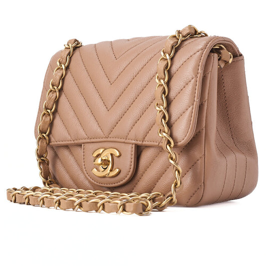 CHANEL Chain Shoulder Bag Mini V Stitch 17cm Calfskin Beige Gold-Tone Hardware, Pre-Owned