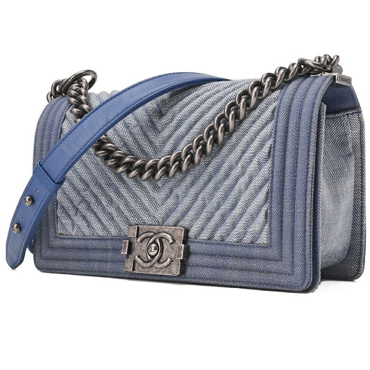 CHANEL Boy Chanel V-Stitch Chain Shoulder Denim Blue Silver-Tone Hardware, Pre-Owned