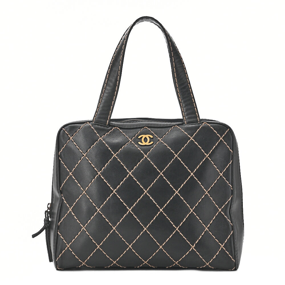 CHANEL Coco Mark Wild Stitch Handbag Calf Leather Black Gold-Tone Hardware, Pre-Owned