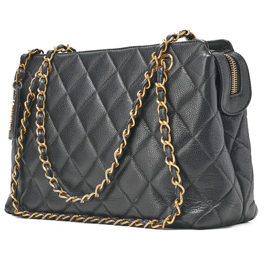 CHANEL Matelasse with Logo Charm Chain Shoulder Bag Caviar Skin Black Gold-Tone Hardware, Pre-Owned