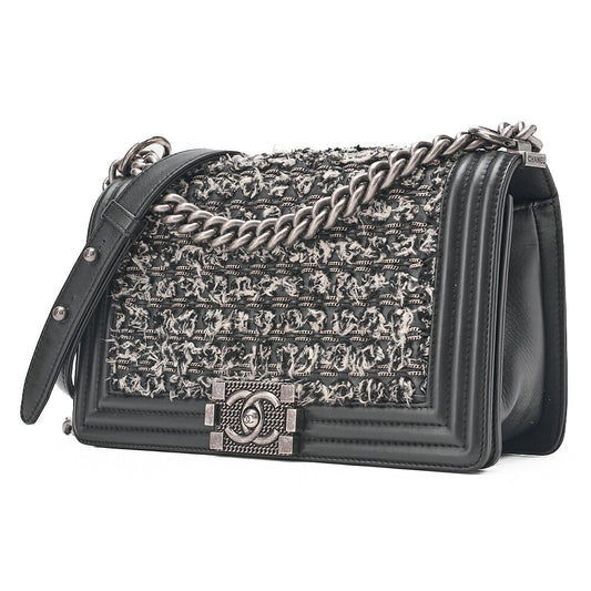 CHANEL Tweed x Lambskin Boy Chanel Braided Chain Shoulder Black x White Silver-Tone Hardware, Pre-Owned