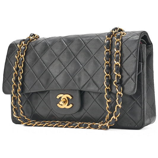 CHANEL Lambskin Matelasse 25cm Double Flap Chain Shoulder Black Gold-Tone Hardware, Pre-Owned