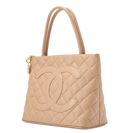 CHANEL Matelasse Reprint Tote Bag Caviar Skin Beige Gold-Tone Hardware, Pre-Owned