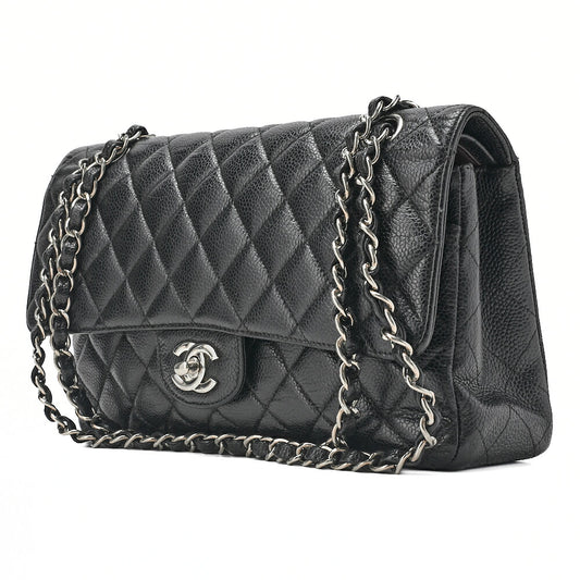 CHANEL Matelasse 25cm Double Flap Chain Shoulder Caviar Skin Black Silver-Tone Hardware, Pre-Owned