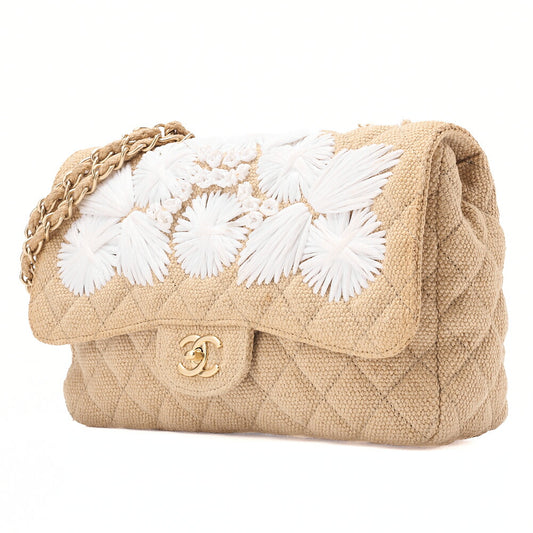 CHANEL Raffia x Hemp Deca Matelasse 30 Single Flap Chain Shoulder Beige Gold-Tone Hardware, Pre-Owned