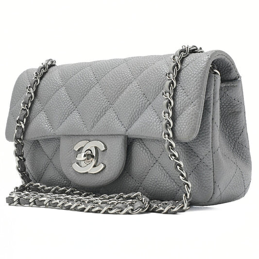 CHANEL Chain Shoulder Bag Mini Matelasse 17cm Caviar Skin Cool Grey Silver-Tone Hardware, Pre-Owned