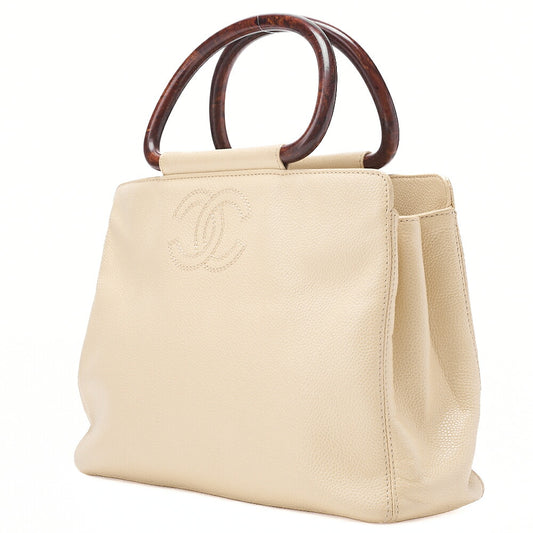 CHANEL Coco Mark Wood Pattern Handbag Caviar Skin Beige Gold-Tone Hardware, Pre-Owned