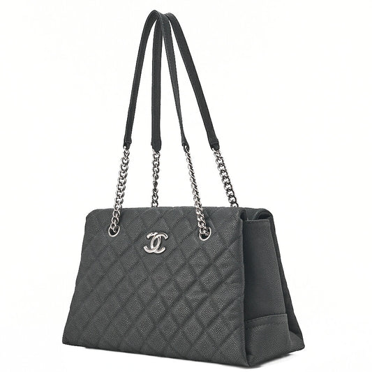 CHANEL Matelasse Cocomark Double Chain Shoulder Bag Caviar Skin Black Silver -Tone Hardware, Pre-Owned