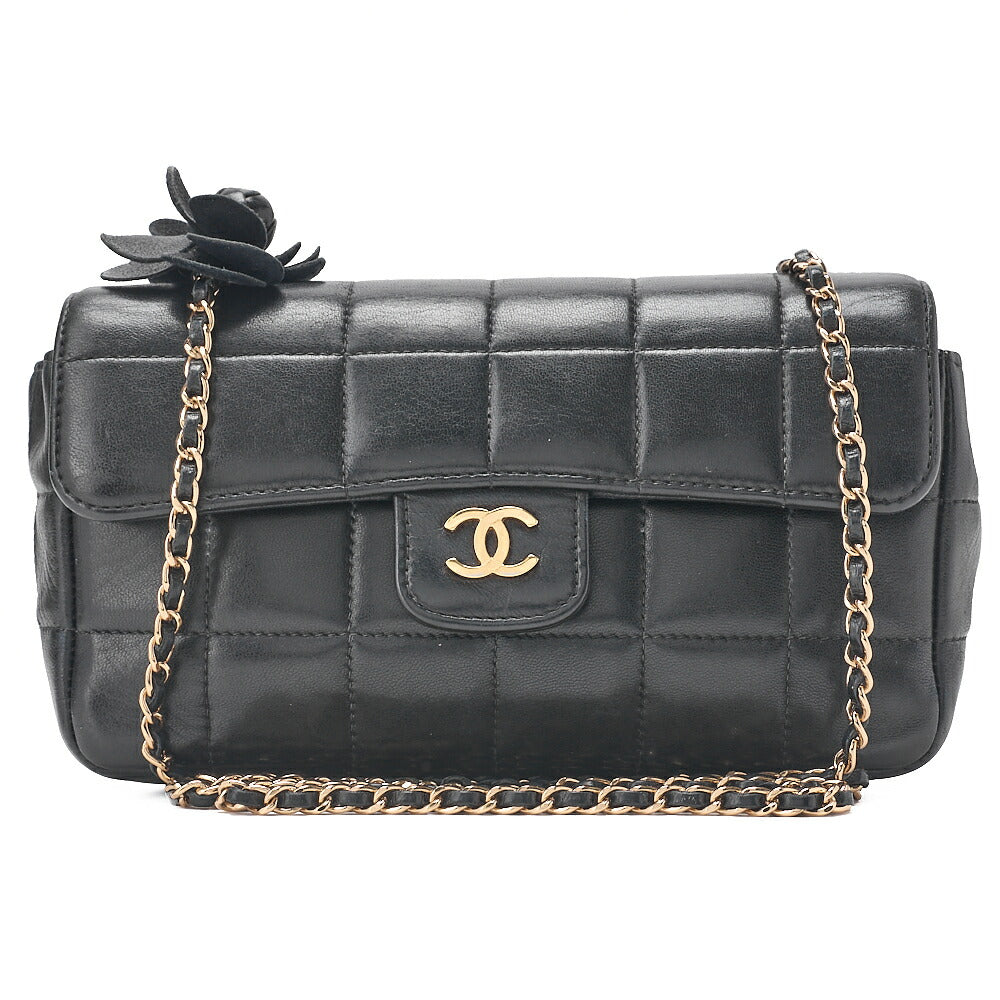 CHANEL Chocolate Bar Camellia Chain Shoulder Bag Lambskin Black