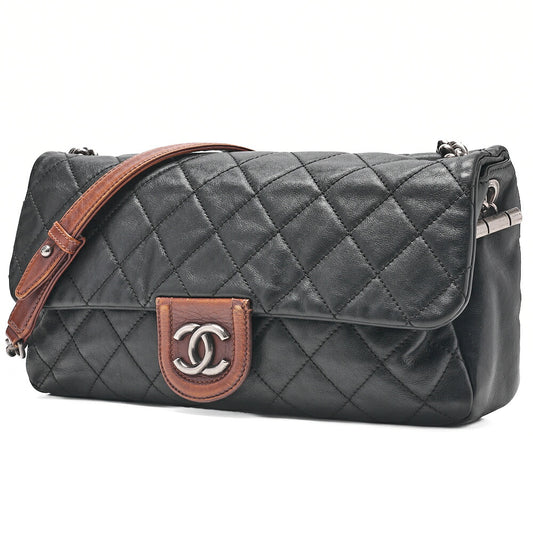 CHANEL Lambskin X Leather Matrasse Single Chain Shoulder Black X Brown Silver-Tone Hardware, Pre-Owned