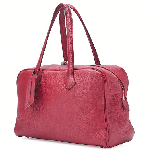 HERMES Victoria 35 Trion Clemence Tote Bag Rouge Garance Silver -Tone Hardware, Pre-Owned