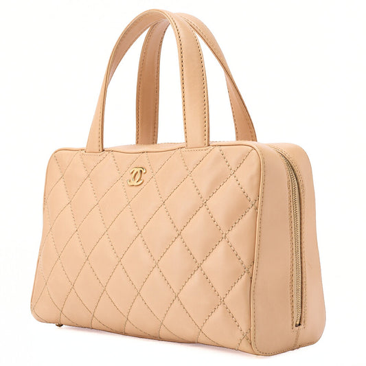 CHANEL Coco Mark Wild Stitch Handbag Calf Leather Beige Gold-Tone Hardware, Pre-Owned