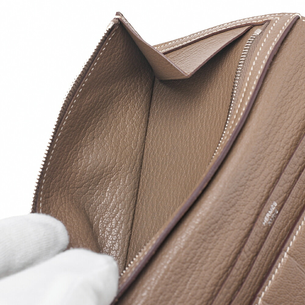HERMES エルメス ベアンスフレ シェーブル 二つ折り長財布 エトゥープ シルバー金具 中古