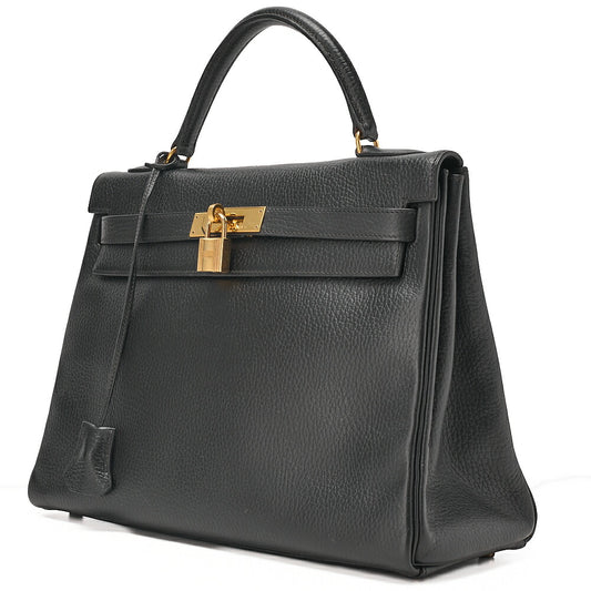 HERMES Herm?s Kelly 32 Ardennes In-Stitch Handbag Black Gold-Tone Hardware, Pre-Owned