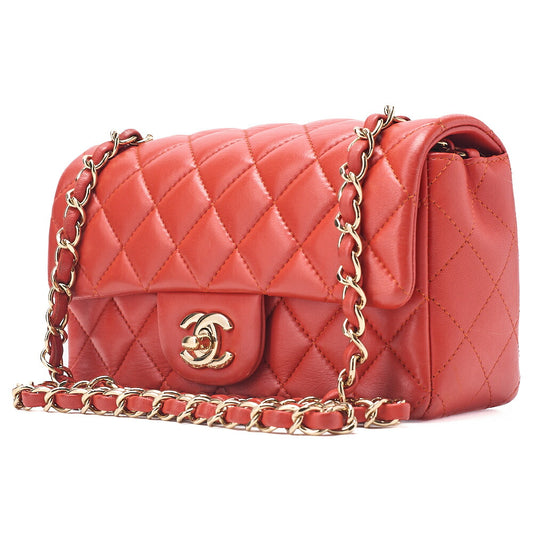 CHANEL Chain Shoulder Bag Mini Matelasse 20cm Lambskin Red Gold-Tone Hardware, Pre-Owned