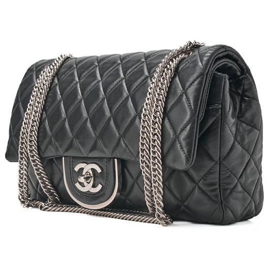 CHANEL Chain Shoulder Bag Matelasse Double Flap Lambskin Black Silver-Tone Hardware, Pre-Owned