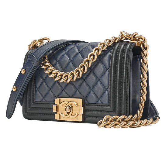 CHANEL Lambskin Matelasse Boy Chanel 20 Chain Shoulder Navy x Black Gold-Tone Hardware, Pre-Owned