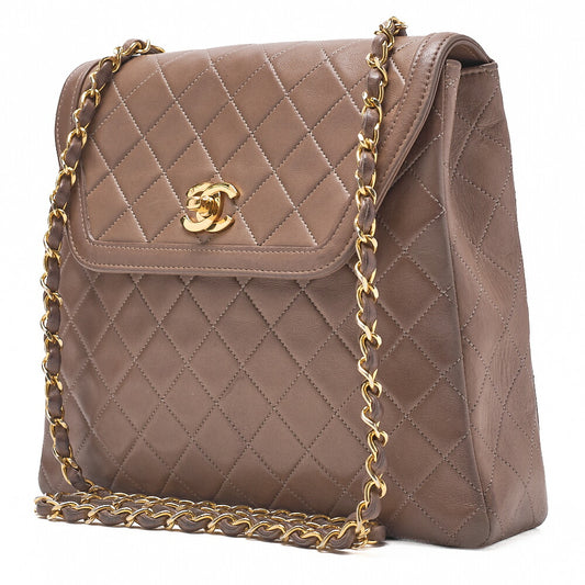 CHANEL Lambskin Matelasse Trapezoidal Single Chain Shoulder Bag Brown Gold-Tone Hardware, Pre-Owned