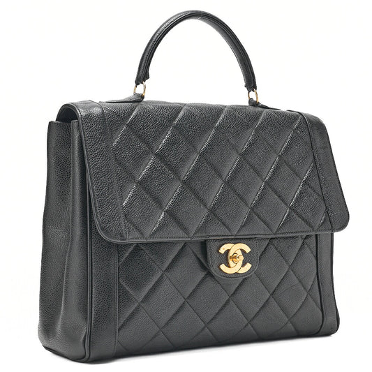 CHANEL Handbag Matelasse Caviar Skin Black Gold-Tone Hardware, Pre-Owned