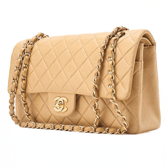 CHANEL Lambskin Matelasse Double Flap 25cm Chain Shoulder Beige Gold-Tone Hardware, Pre-Owned
