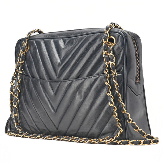 CHANEL Lambskin Chevron Chain Shoulder Bag with Charm Navy Gold-Tone Hardware, Pre-Owned