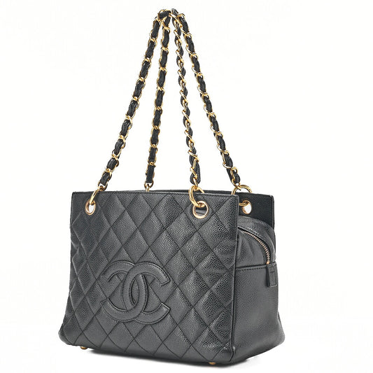 CHANEL Tote Bag Matelasse Caviar Skin Coco Mark PTT Double Chain Tote Black Gold-Tone Hardware, Pre-Owned