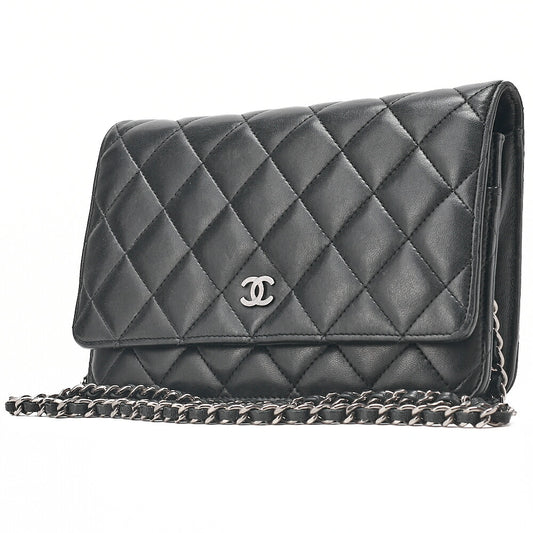 CHANEL Matelasse Chain Wallet Lambskin Black Silver-Tone Hardware, Pre-Owned