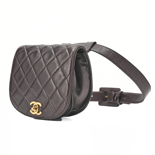 CHANEL Lambskin Matelasse Turnlock Waist Pouch Dark Brown Gold-Tone Hardware, Pre-Owned