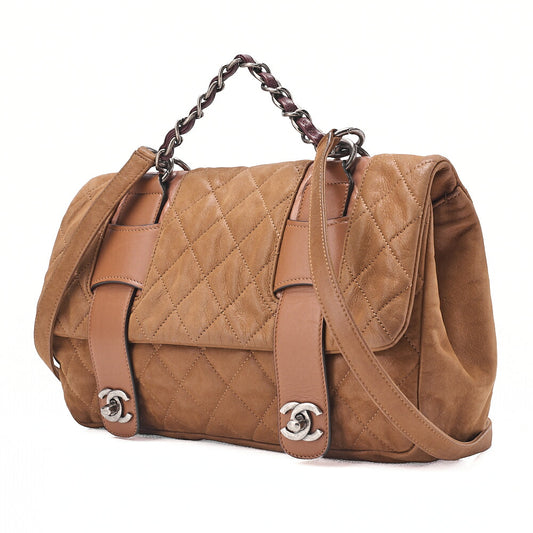 CHANEL Sparkle Leather Double Turn Lock 2-Way Chain Shoulder Brown Silver-Tone Hardware, Pre-Owned