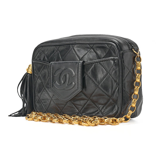 CHANEL Lambskin Matelasse with Fringe Graphic Chain Shoulder Black Gold-Tone Hardware, Pre-Owned