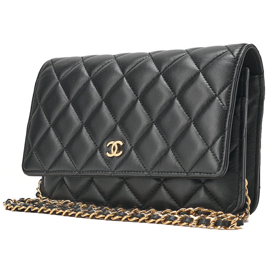 CHANEL Chanel Matelasse Chain Wallet Lambskin Black Gold-Tone Hardware, Pre-Owned