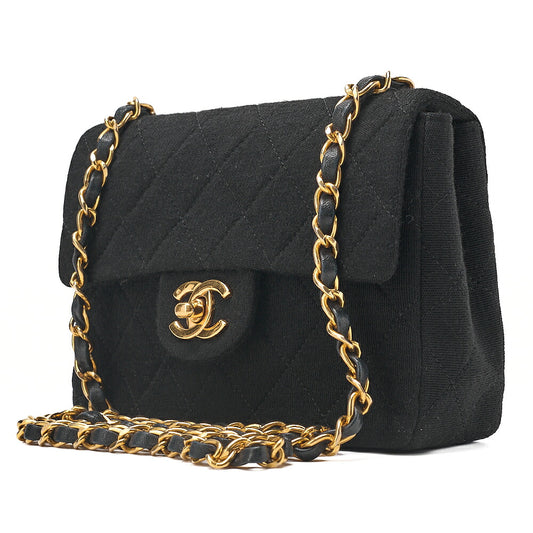 CHANEL Mini Matelasse Single Plap Chain Shoulder Bag Cottonx Lambskin Black Gold-Tone Hardware, Pre-Owned