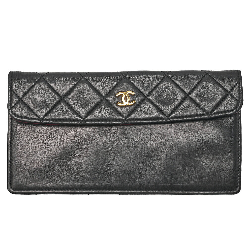 CHANEL Lambskin Matelasse Design Flap Chain Shoulder with Pouch Black Gold-Tone Hardware, Pre-Owned