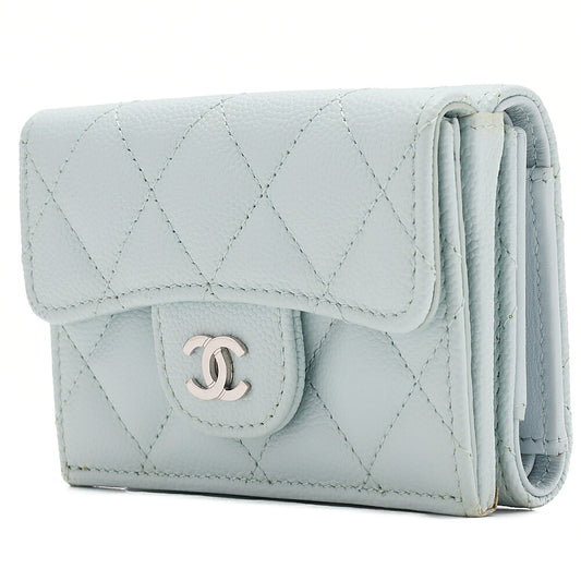 CHANEL Matelasse Coco Mark Trifold Compact Wallet Caviar Skin Light Blue Silver-Tone Hardware, Pre-Owned
