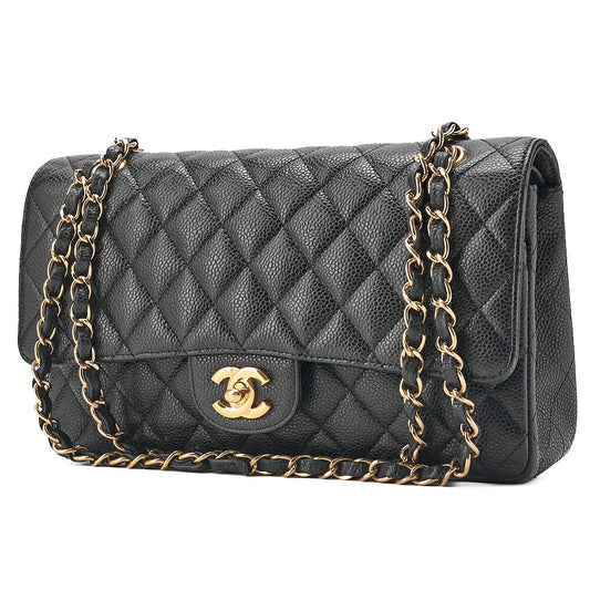 CHANEL Caviar Skin Matelasse Double Flap 25cm Chain Shoulder Black Gold-Tone Hardware, Pre-Owned
