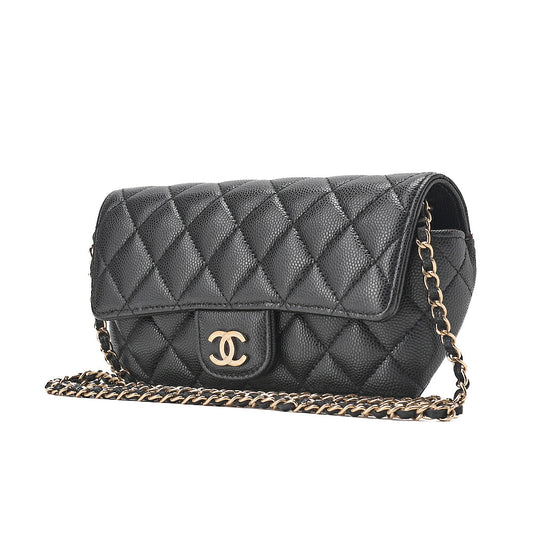 CHANEL Caviar Skin Minimat Telass? Glasses Case Chain Shoulder Black Gold-Tone Hardware, Pre-Owned