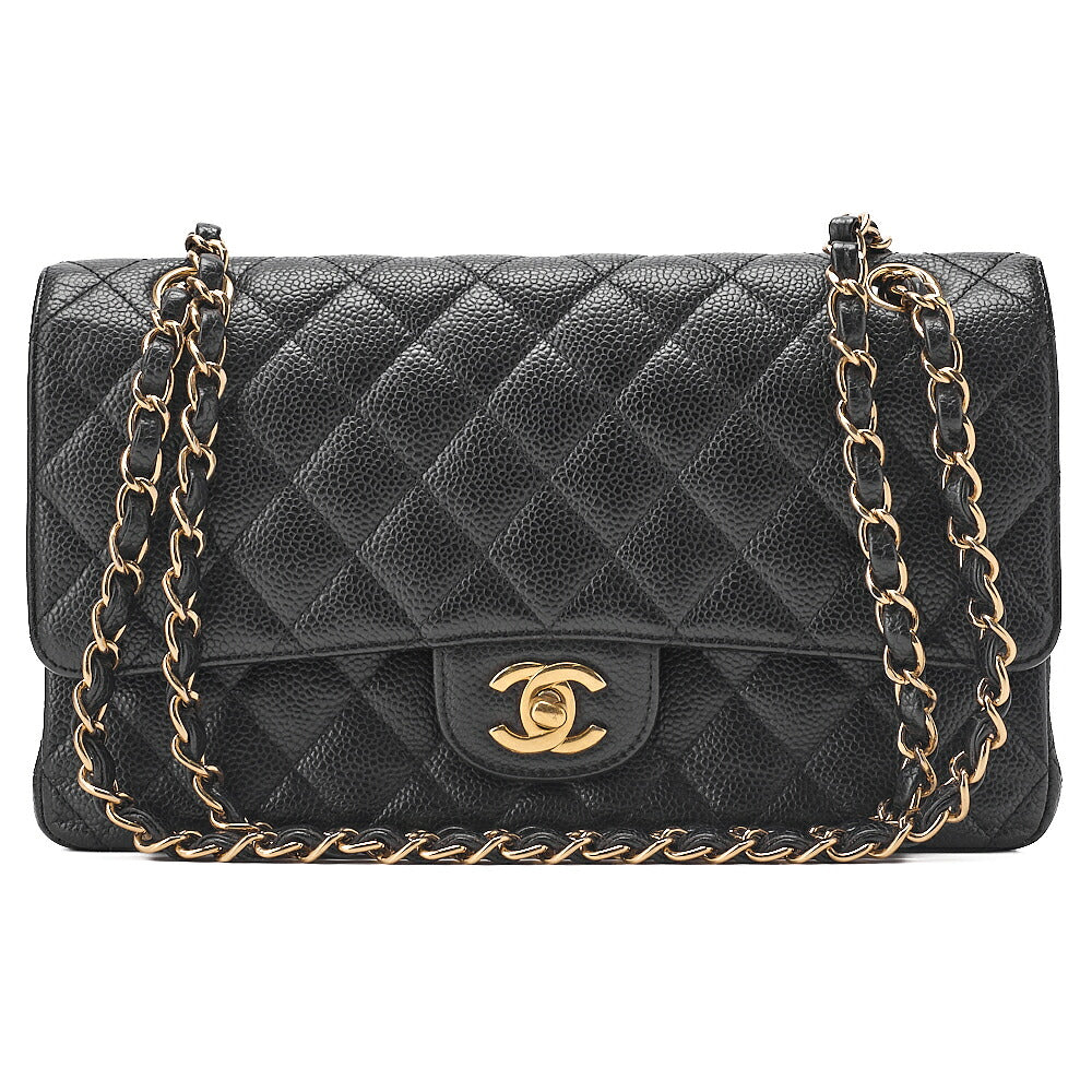 CHANEL Caviar Skin Matelasse Double Flap 25cm Chain Shoulder Black Gold-Tone Hardware, Pre-Owned