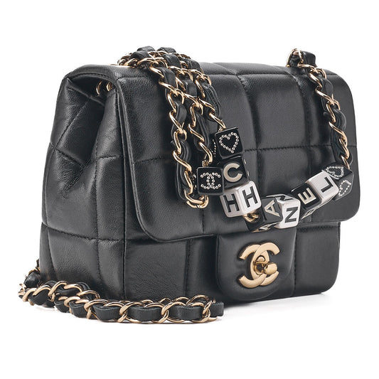 CHANEL Lambskin Mini Chocolate Bar 15cm Single Flap Turn Lock Chain Shoulder Black Gold-Tone Hardware, Pre-Owned