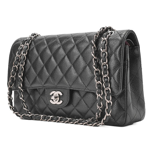 CHANEL Caviar Skin Matelasse Double Flap 25cm Chain Shoulder Black Silver-Tone Hardware, Pre-Owned