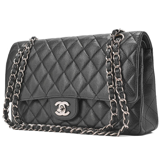CHANEL Caviar Skin Matelasse Double Flap 25cm Chain Shoulder Black Silver-Tone Hardware, Pre-Owned