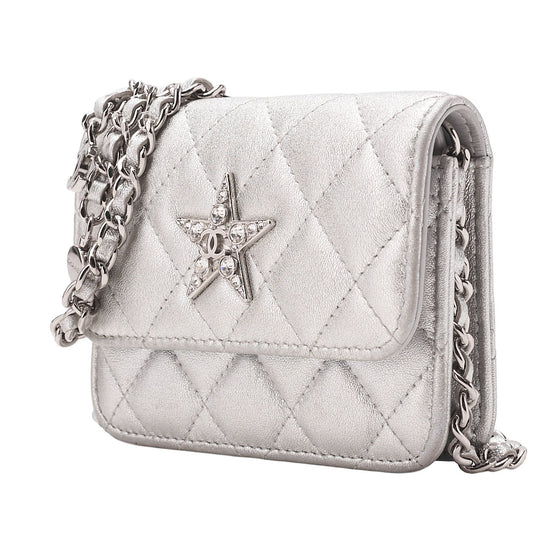 CHANEL Lambskin Minima Lesser Rhinestone Star x Coco Mark Chain Shoulder Pouch Silver-Tone Hardware, Pre-Owned