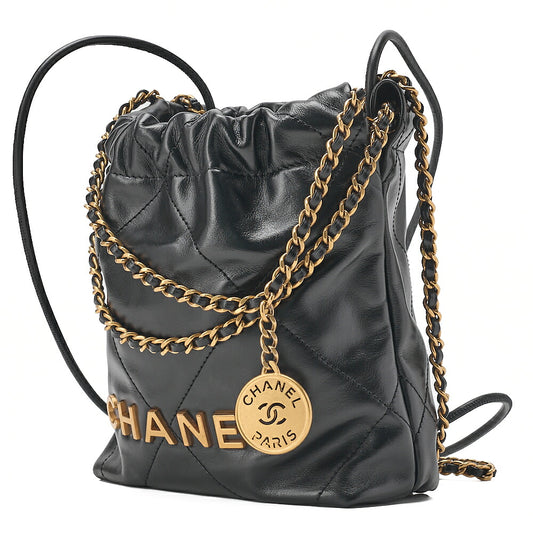 CHANEL Chanel Chanel 22 Mini Calfskin Black Drawstring Chain Shoulder Bag Gold-Tone Hardware, Pre-Owned