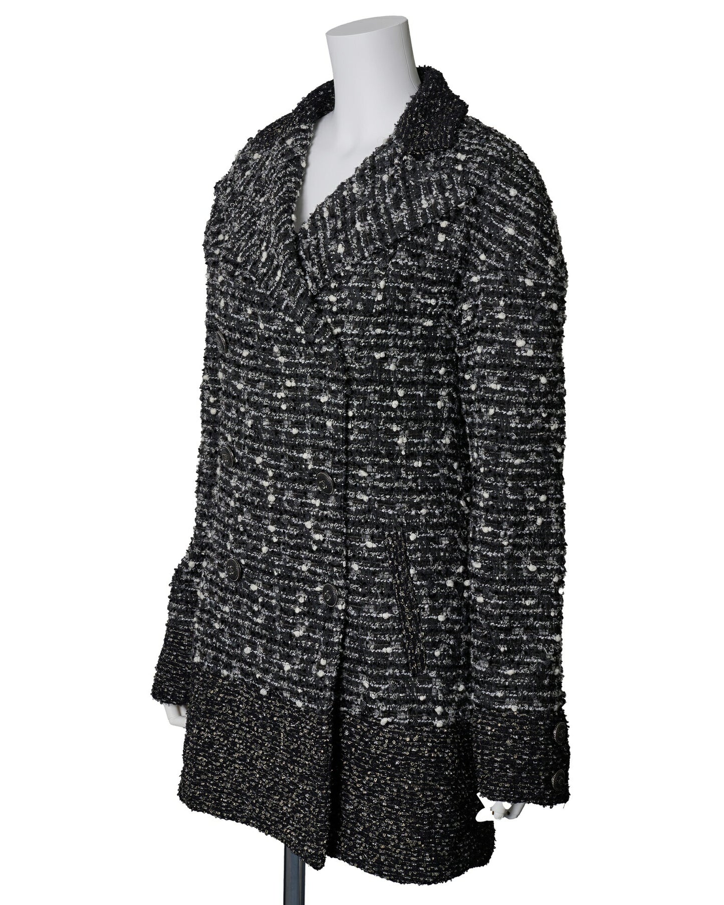 CHANEL Coat Jacket, Coco Mark Button, Tweed, Nylon Silk, Black, Gold-Tone Hardware, Pre-Owned - Vintage La Charme