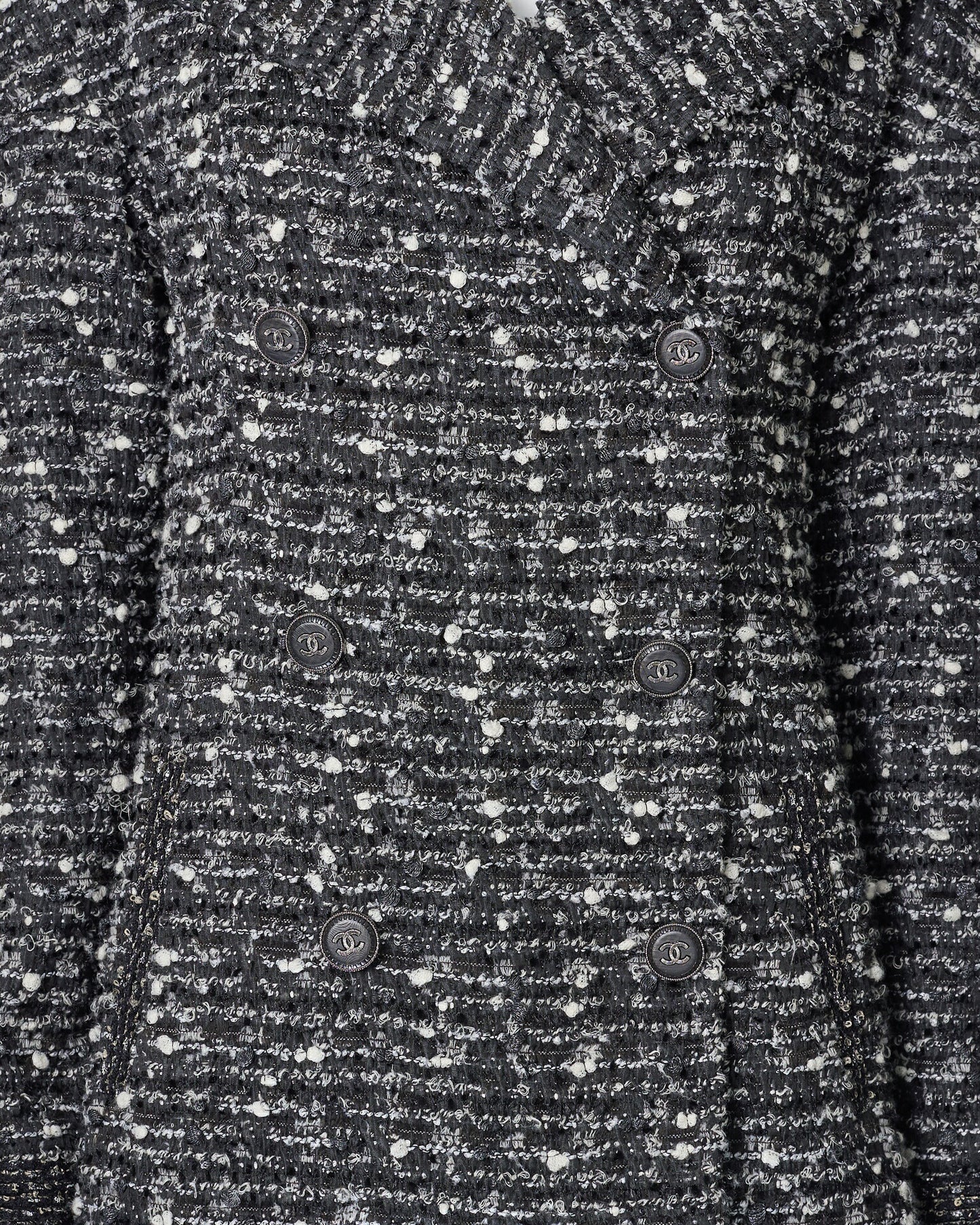 CHANEL Coat Jacket, Coco Mark Button, Tweed, Nylon Silk, Black, Gold-Tone Hardware, Pre-Owned - Vintage La Charme