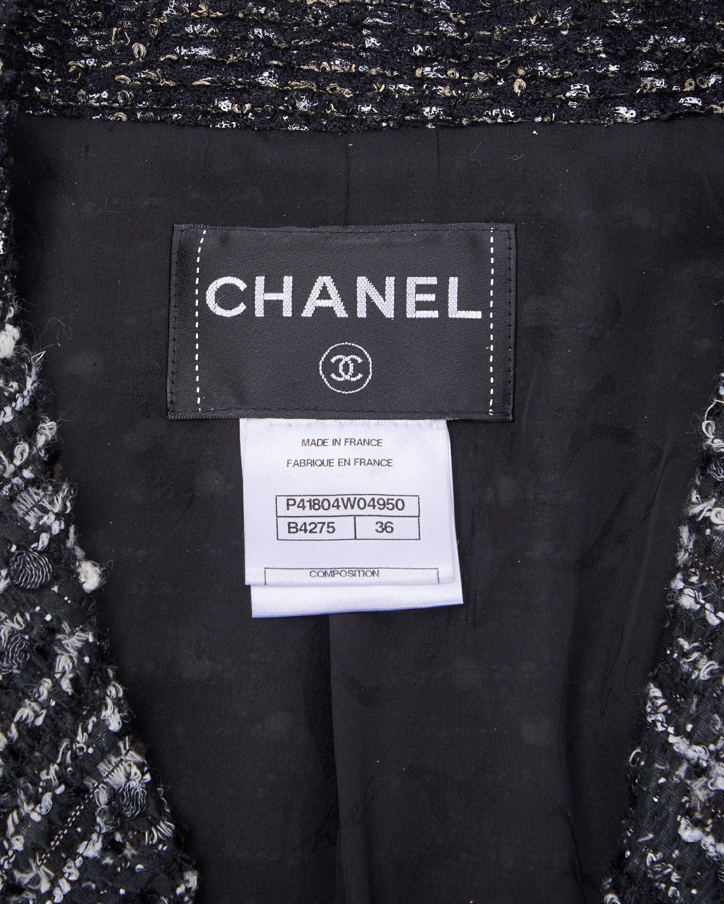 CHANEL Coat Jacket, Coco Mark Button, Tweed, Nylon Silk, Black, Gold-Tone Hardware, Pre-Owned - Vintage La Charme