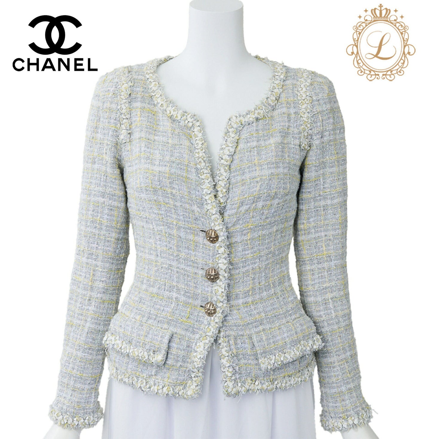CHANEL Jacket, Tweed, No Collar, Cotton Blend, Blue, Silver-Tone Hardware, Pre-Owned - Vintage La Charme