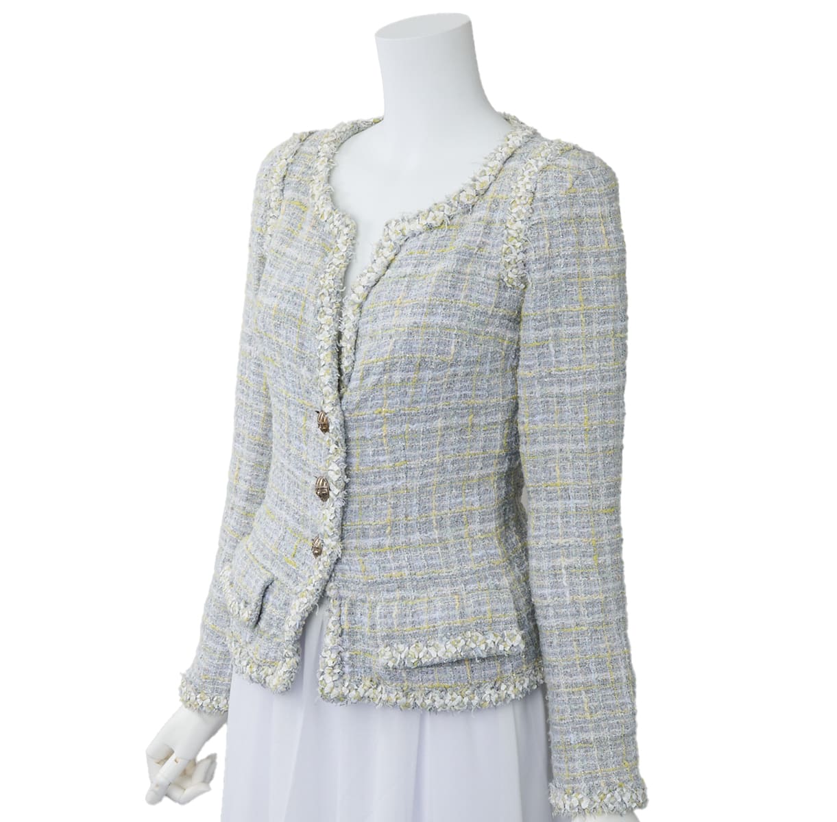 CHANEL Jacket, Tweed, No Collar, Cotton Blend, Blue, Silver-Tone Hardware, Pre-Owned - Vintage La Charme