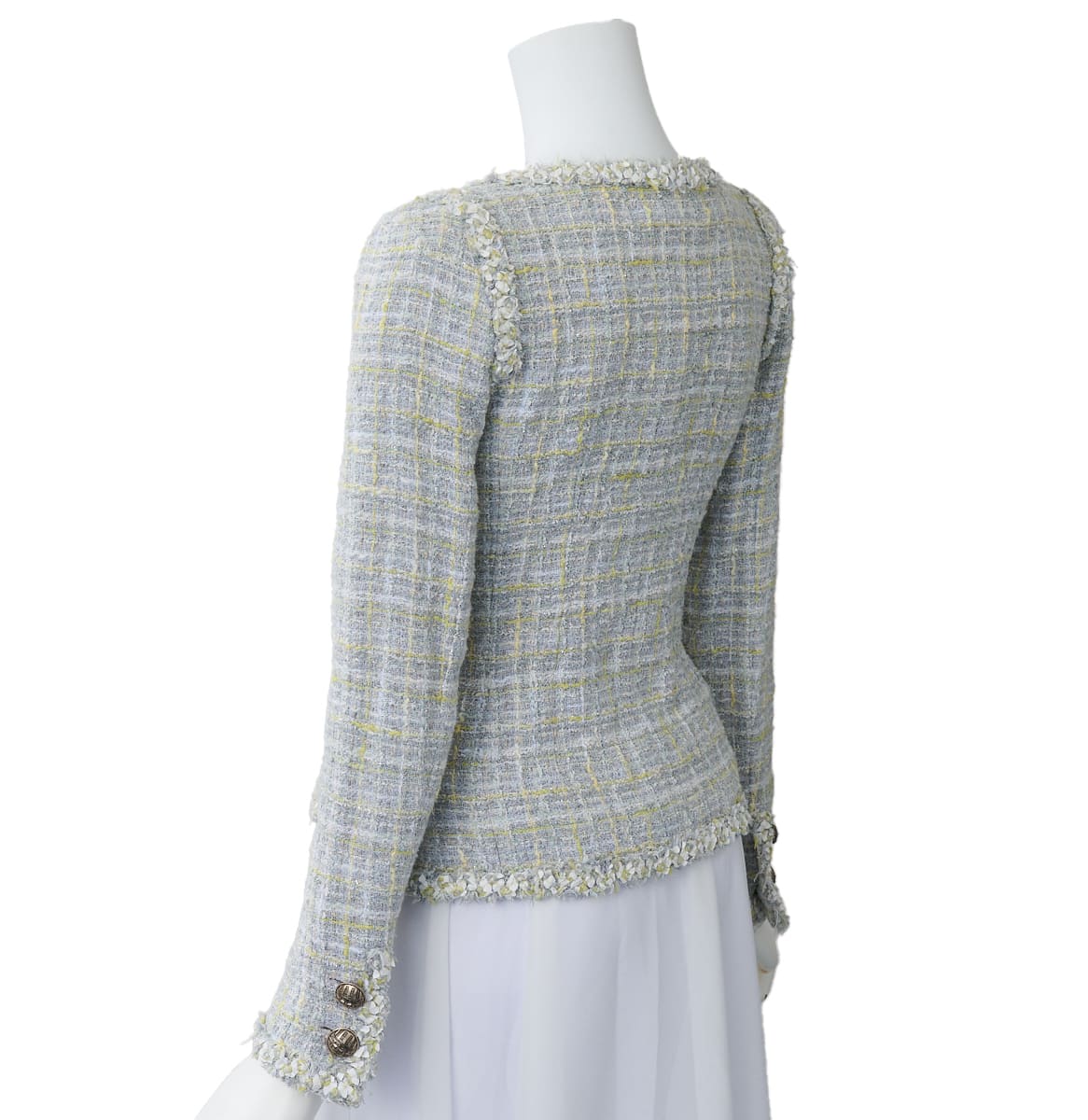 CHANEL Jacket, Tweed, No Collar, Cotton Blend, Blue, Silver-Tone Hardware, Pre-Owned - Vintage La Charme