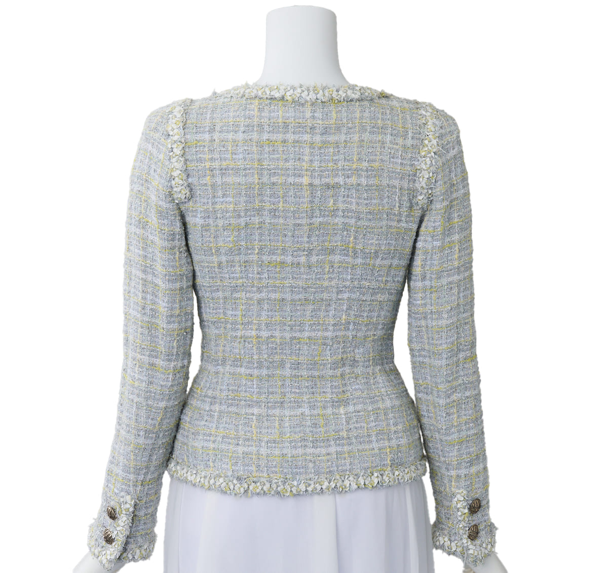 CHANEL Jacket, Tweed, No Collar, Cotton Blend, Blue, Silver-Tone Hardware, Pre-Owned - Vintage La Charme