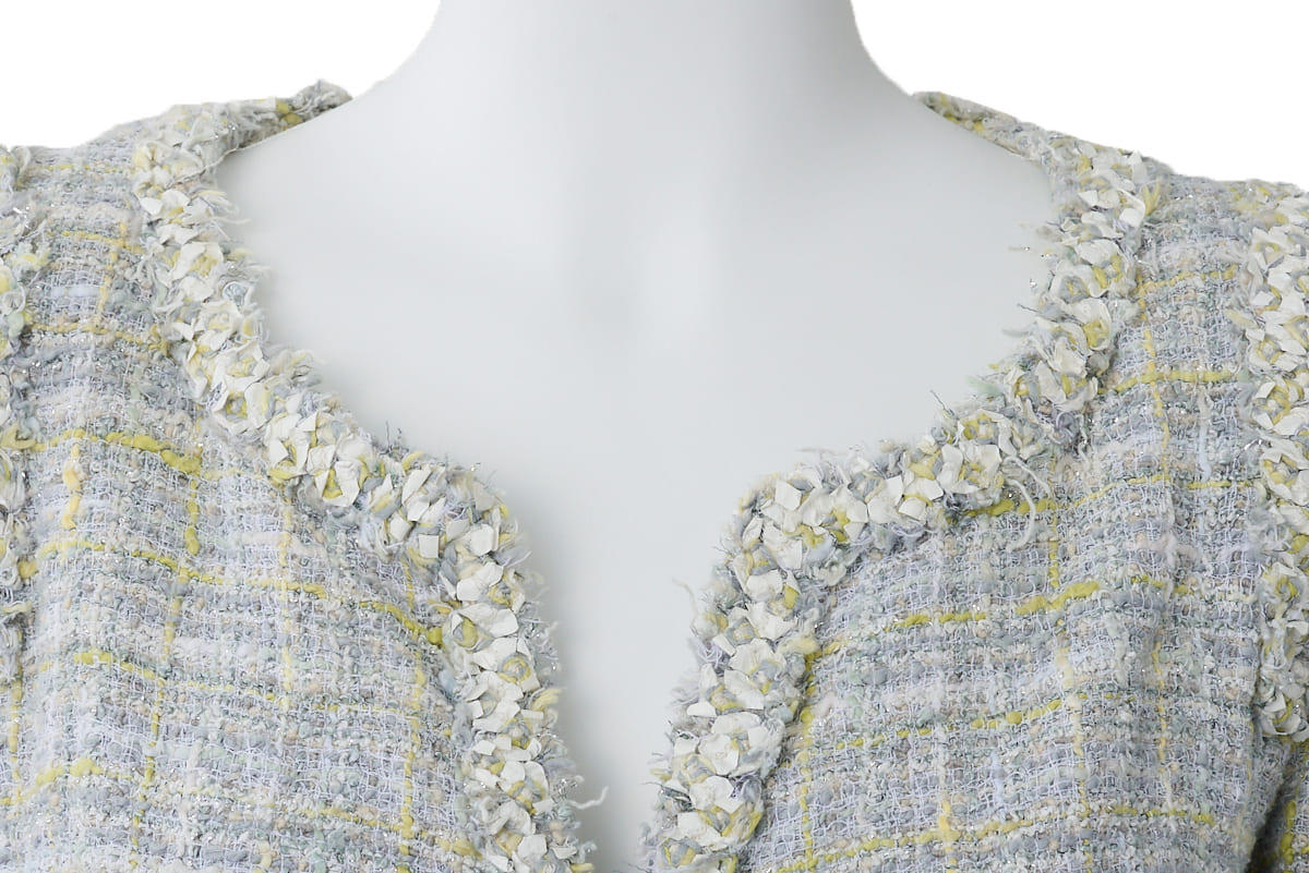 CHANEL Jacket, Tweed, No Collar, Cotton Blend, Blue, Silver-Tone Hardware, Pre-Owned - Vintage La Charme